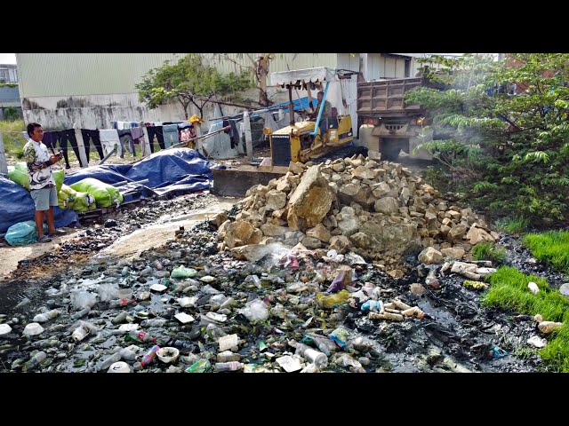 First Starting A New Project!! Filling Land Delete Garbage By Bulldozer Push stone with 5ton Trucks