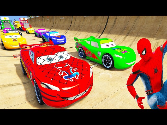 SPIDERMAN Vs HULK McQueen Friends CARS Mega JUMP Challenge ! SUPERHERO Mack Truck Epic Race  - GTA V