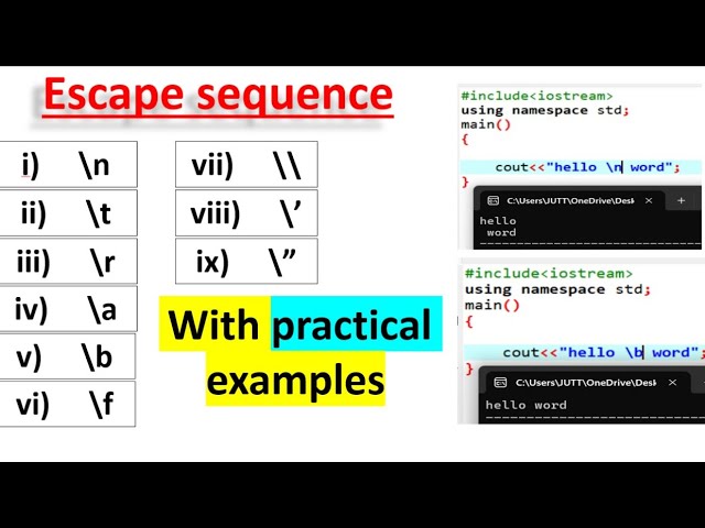 escape sequence in c++ with practical examples|programing course|\r, \b, \a, \\, \', \'', \f, \t, \n