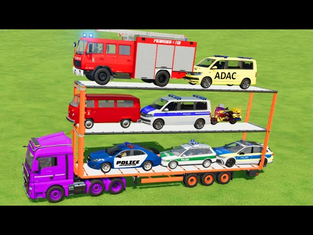 LOAD AND TRANSPORT OF COLORS..! POLİCE CAR FİRE TRUCK BY THREE-TRAİLER TRUCK-Farming Simulator 22