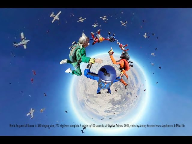 World Skydiving Sequential Record in 360 degree view, 217 skydivers complete 3 points in 100 seconds