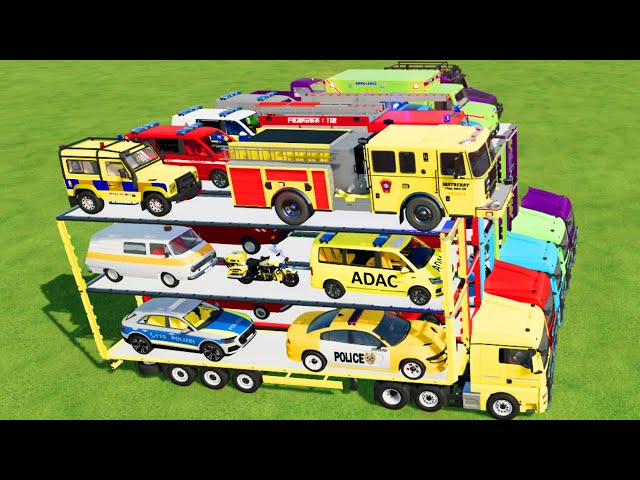 LOAD & TRANSPORT CARS, AMBULANCE, POLICE CARS, FIRE TRUCK, BUS, JEEP, MOTORBIKE-Farming Simulator 22