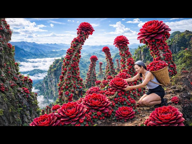 Shocking! Harvesting Giant Blood-Red Flowers on Dangerous Cliffs—Sold Out Instantly!