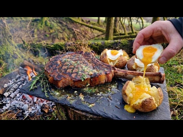 Garlic BUTTER Tomahawk STEAK & Liquid Gold Ash Potatoes | ASMR Forest Cooking