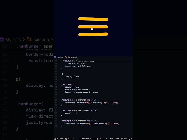 Hamburger Menu with Cross Animation | HTML CSS JS Tutorial #shorts  #coding #webdesign