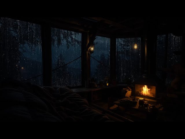 Fireplace & Rain Sounds in a Wooden Cabin | Night Ambience for Sleeping