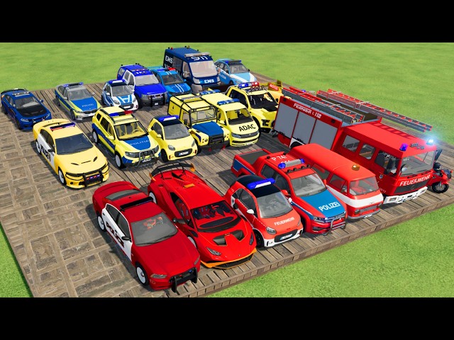TRANSPORTING CARS, AMBULANCE, POLICE CARS, FIRE TRUCK OF COLORS! WITH TRUCKS! - FS 22