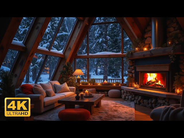Cozy Winter Cabin Ambience ❄️ Peaceful Piano Music with Crackling Fireplace & Snow Falling Outside