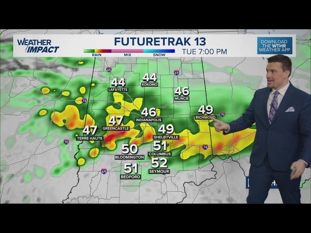 Heavy rain moving into Indiana today with up to 2 inch totals, street flooding possible