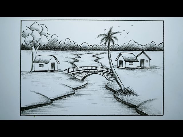 How to draw a beautiful village scenery | Landscape drawing easy step by step |