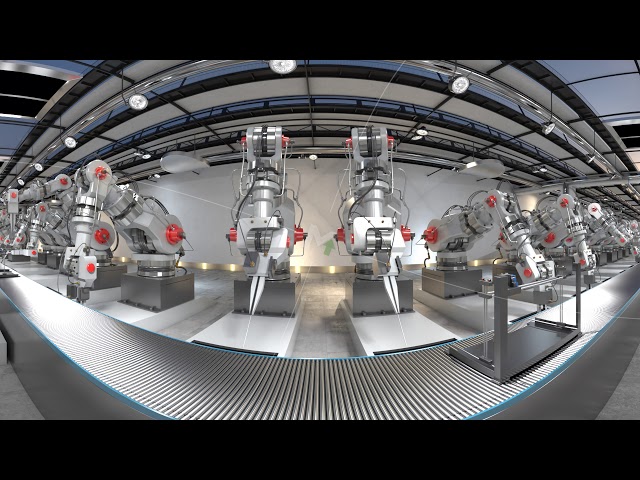 Assembly of 3D printer on the conveyor belt. 8K 360 VR animation