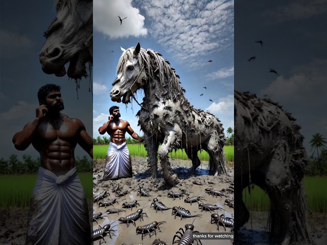 The white horse covered in millions of scorpion's 😭 the farmer was frightened ,#ai #horse #farmer
