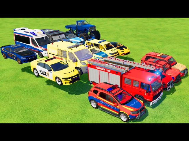 TRANSPORTING CARS, AMBULANCE, POLICE CARS, FIRE TRUCK OF COLORS! WITH TRUCKS! - FS 22