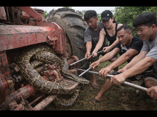 Giant Python Found Under Tractor! 5 Experts Risk Their Lives for Dramatic Rescue 😱🐍. #GiantPython