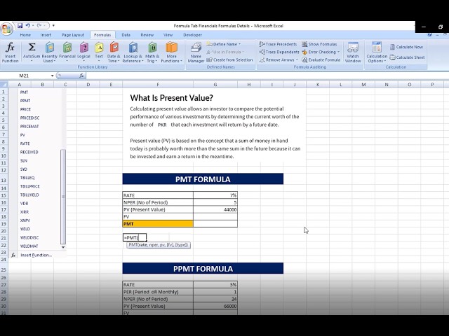 Class # 101 MS Excel 2007 Formulas Tab_Financial_PMT_PPMT_PRICE_PRICEDISC_PV