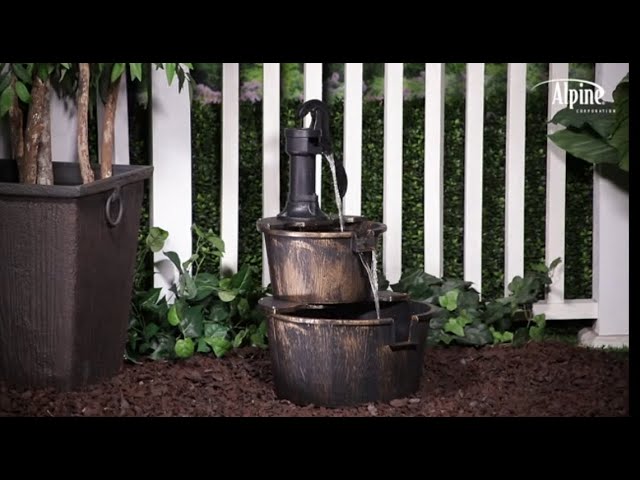 Alpine Corporation 27" Tall 2-Tier Barrel and Pump Waterfall Fountain, Bronze Finish
