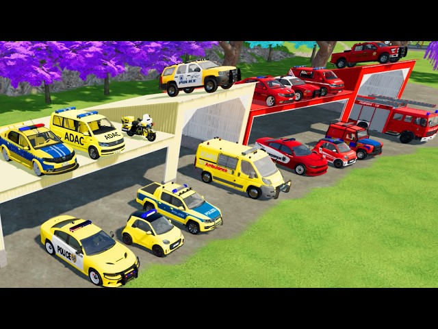 TRANSPORTING CARS, AMBULANCE, POLICE CARS, FIRE TRUCK OF COLORS! WITH TRUCKS! - FS 22