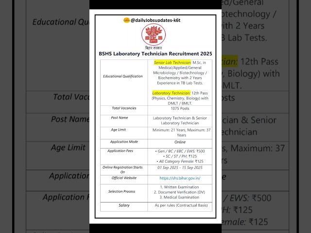 BSHS Laboratory Technician Recruitment 2025 | New Vacancy 2025 | dailyJobs updates #shorts #job
