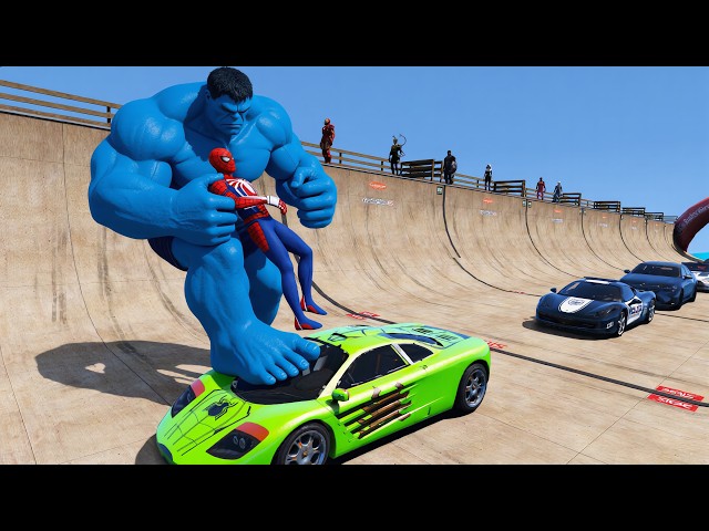 GTA 5 Mega Ramp: Evil Blue Hulk vs. Stalled Supercars! Spiderman and Friends