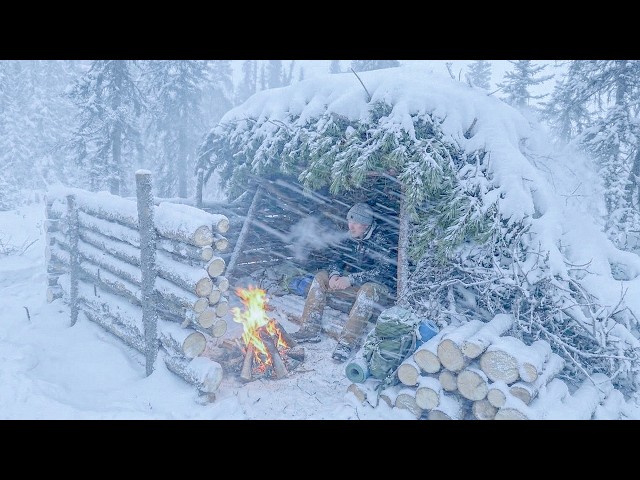 Surviving the SNOWSTORM in Bushcraft Shelter Build Alone | No Tent, No Sleeping Bag