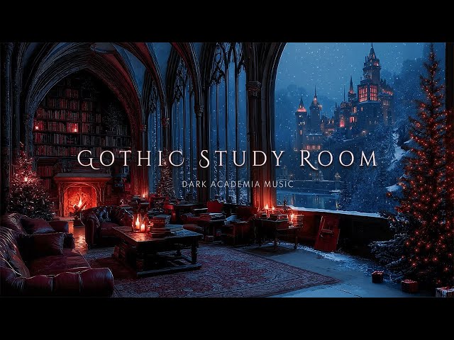 Cozy Winter Study Room | Gothic Ambience with Fireplace & Snowfall |Dark Academia Music for Studying