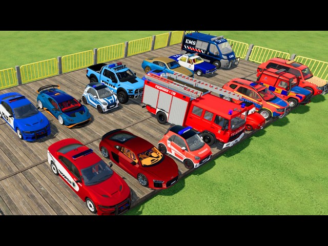 TRANSPORTING CARS, AMBULANCE, POLICE CARS, FIRE TRUCK OF COLORS! WITH TRUCKS! - FS 22