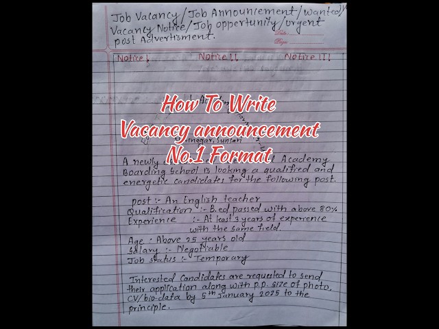How to Write Vacancy announcement For Exam Class 9 & 12 Fob Job Application Letter in English