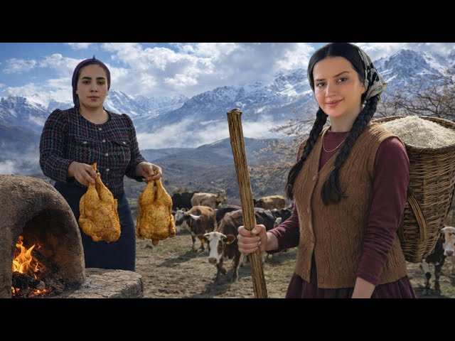IRAN village life; cooking whole saffron chickens with rice