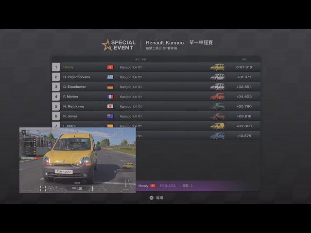 跑車浪漫旅 7 1.58 Renault Kangoo-單一車種賽 伯蘭士赫治GP賽車場 第1名 Kangoo 1.4 '01 6'07.616