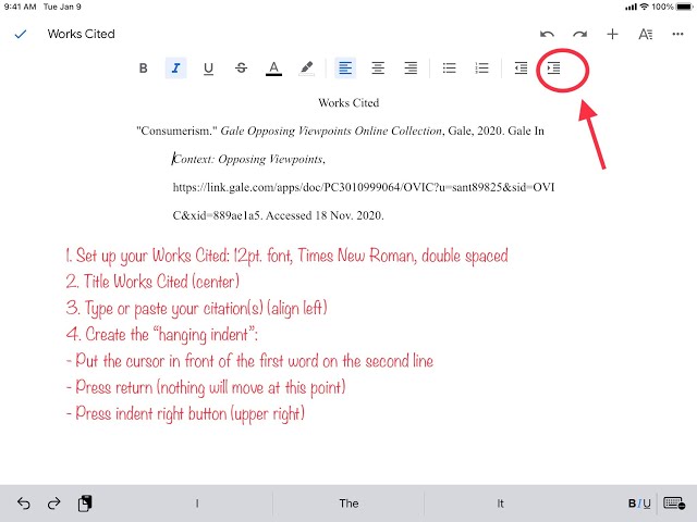 Hanging Indent Google Docs iPad