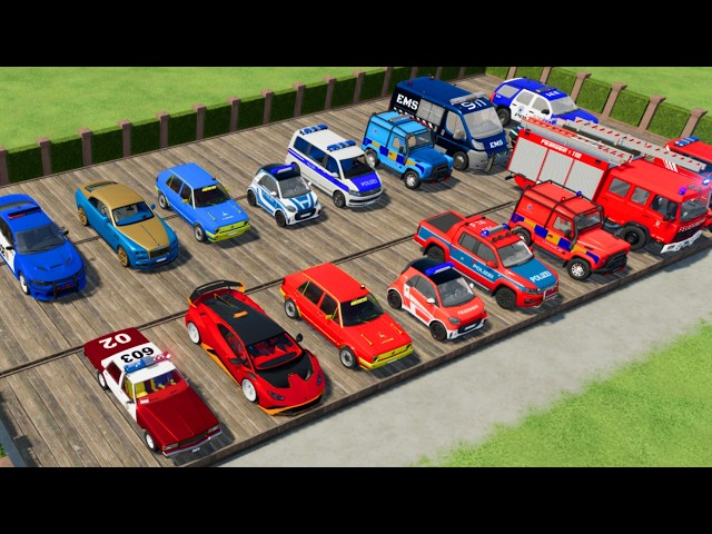 TRANSPORTING CARS, AMBULANCE, POLICE CARS, FIRE TRUCK OF COLORS! WITH TRUCKS! - FS 22
