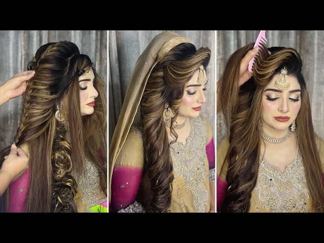 Muslim bridal hairstyle with dupatta | muslim wedding hairstyle for long hair | hairstyle tutorial 