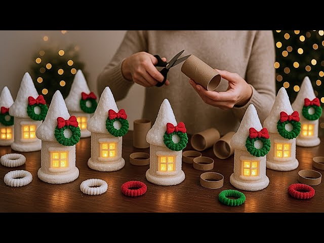 Christmas house made from cardboard rolls and a towel Hair Rubber / Ideas for Christmas decorations
