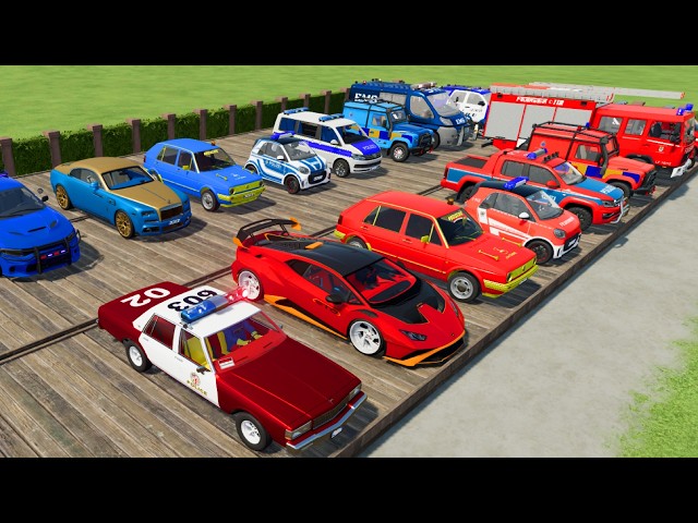 TRANSPORTING CARS, AMBULANCE, POLICE CARS, FIRE TRUCK OF COLORS! WITH TRUCKS! - FS 22