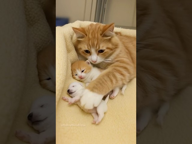 Mother Cat Lovingly Cares for Kittens and a Newborn Puppy Together (AI Story)