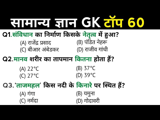 सामान्य ज्ञान | General Knowledge | Top 60 Gk GS questions | SSC GD, MTS, RPF, CRPF | GK quiz