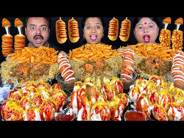 SPICY STREET FOOD EATING CHALLENGE VIRAL VIDEO EGG CHICKEN CHOW, PASTA, DAHI PURI, CORN DOG MUKBANG