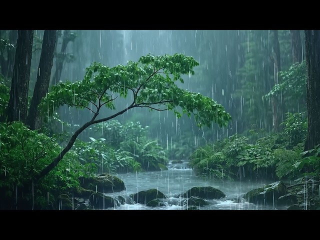 Fall Asleep Naturally with Heavy Rain on a Forest Stream | ASMR Rain Sounds on a Forest Lake