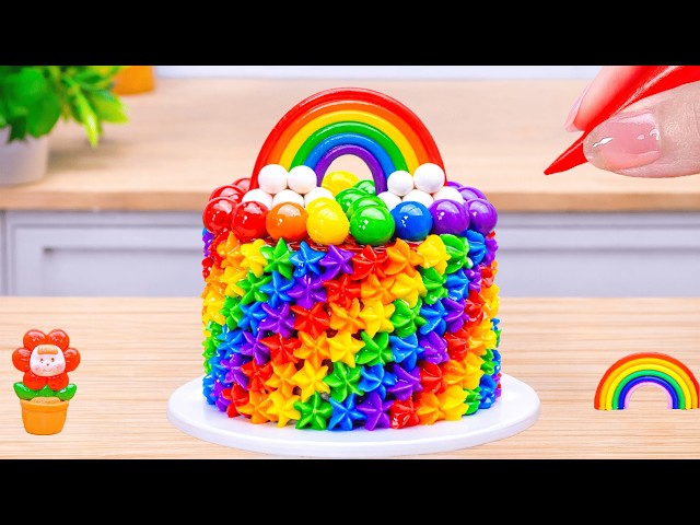 Mini Rainbow Cake With Chocolate🌈Super Glossy Buttercream & Cute Rainbow Toppers💖HT Mini Cakes