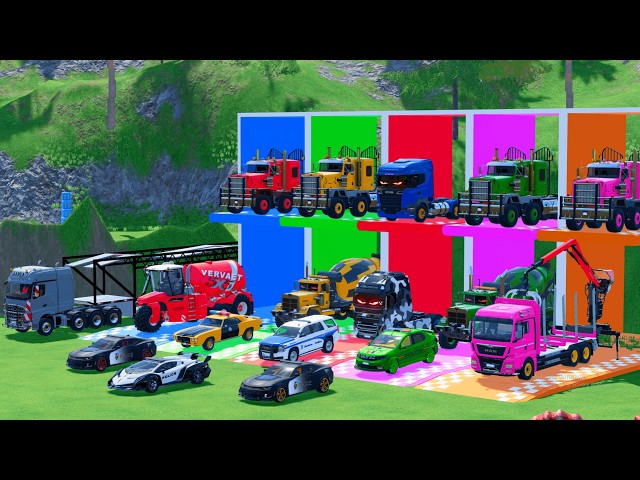 TRANSPORTING ALL POLICE CARS, MIXER TRUCK, RESCUE VEHICLES, BACKHOE LOADER, EXCAVATOR WITH BIG TRUCK