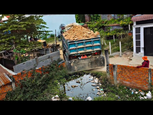 Starting A New Project!! Filling Land Using Dump Truck Unloading Soil With Mini Bulldozer