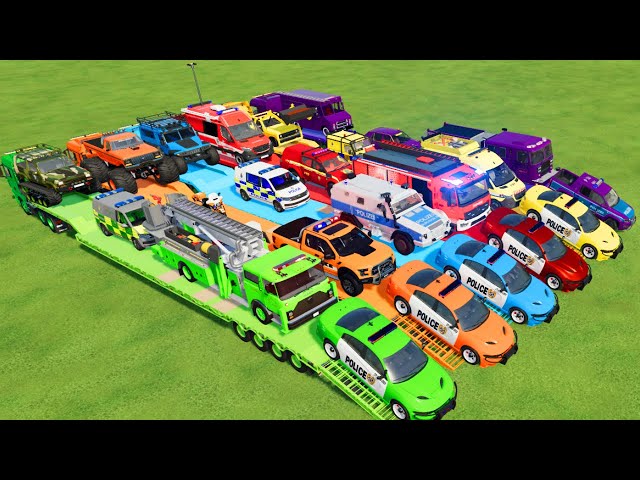 LOAD & TRANSPORT CAR, FIRE TRUCK, AMBULANCE, CARS, POLICE CARS, TRACTOR, BUS, MONSTER TRUCK - F.S.22