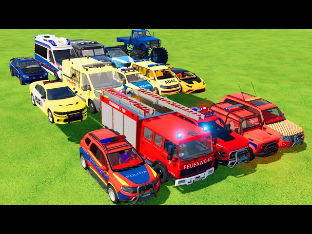 TRANSPORTING CARS, AMBULANCE, POLICE CARS, FIRE TRUCK OF COLORS! WITH TRUCKS! - FS 22