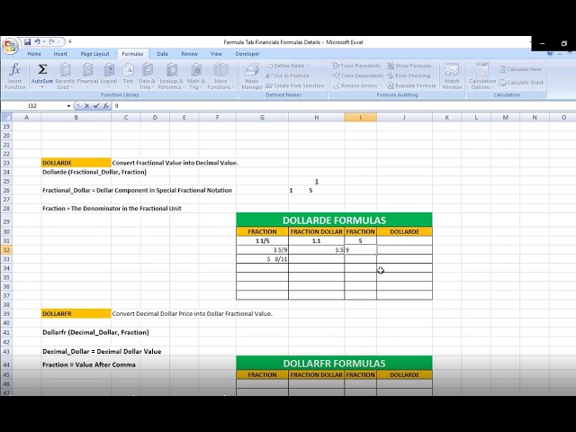 Class # 94 MS Excel 2007 Formulas Tab_Financial_DISC_DOLLARDE_DOLLARFR_Settlement_Maturity_PR_Redem