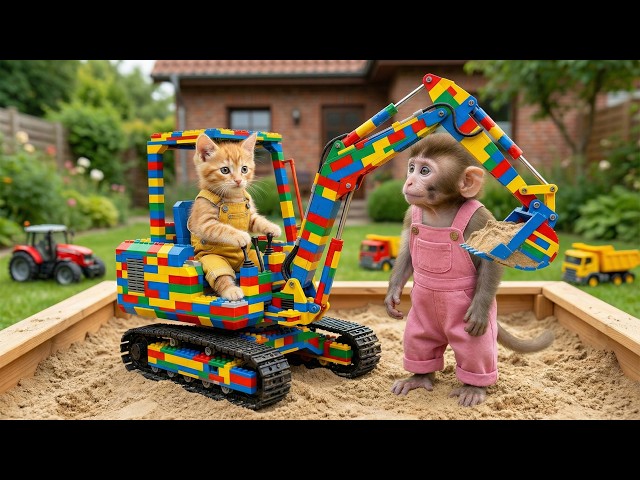 Sand Castle Building with Real Trucks in Sandbox | Monkey NaNa and Kitten Learn Teamwork Excavator