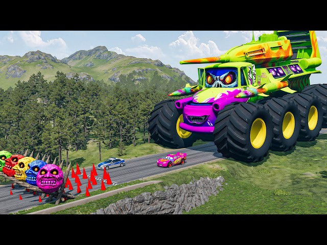 Big & Small McQueen & Police Car vs Zombie Mack, Giant Speed Bumps Downhill Race – BeamNG.drive