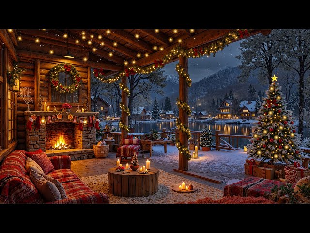 Soft Christmas Jazz Music 🎅 Cozy Porch Ambience with Fireplace Crackles & Falling Snow for Unwind