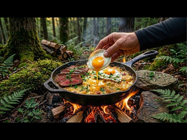 PRIMITIVE Steak, Eggs & Creamy Potatoes Cooked in The FOREST