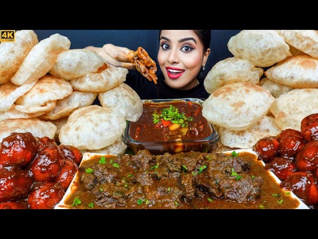 ASMR Eating Spicy Chettinad Mutton Curry,Chicken Curry Masala,Poori Big Bites ASMR Eating Mukbang