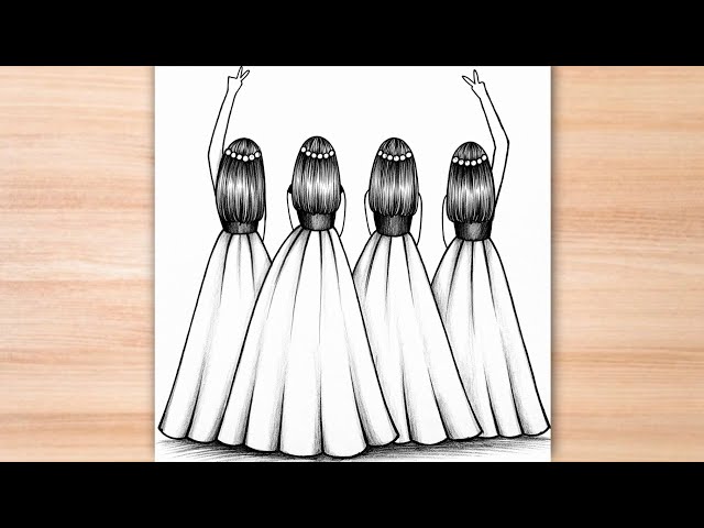 How to Draw 4 Girls Best Friends Back Side Drawing | Easy Pencil Sketch Tutorial